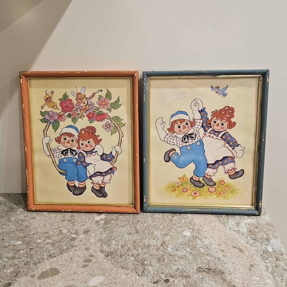 Bobbs-Merrill Raggedy Ann & Andy 8×10 Vintage 1973 Prints in Frame Lot of 2